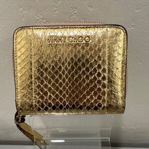 Jimmy Choo Gold Snakeskin Embossed Leather Compact Wallet EUC